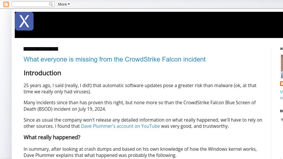 Screenshot of blog.axantum.com: What everyone seems to be missing in the CrowdStrike incident