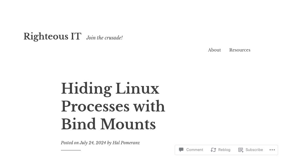 Screenshot of righteousit.com: Hiding Linux Processes with Bind Mounts