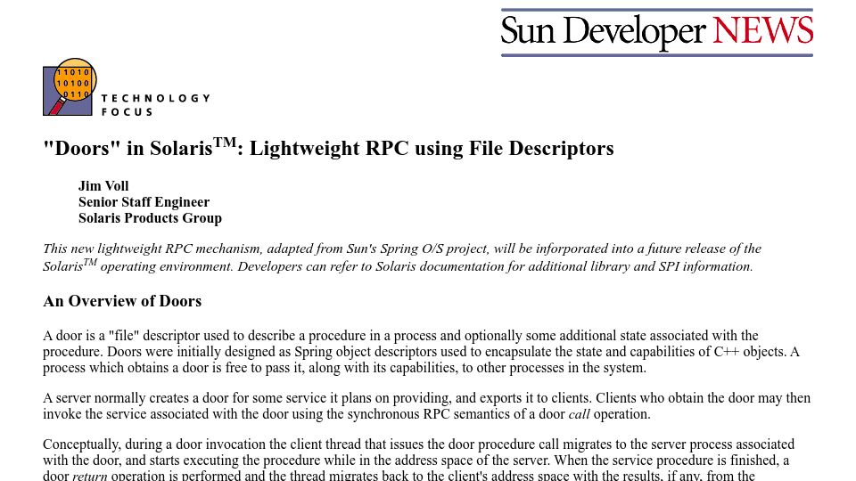 Screenshot of kohala.com: "Doors" in Solaris: Lightweight RPC Using File Descriptors (1996)