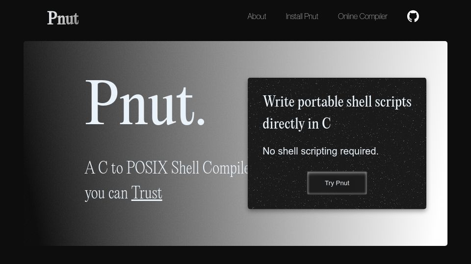 Screenshot of pnut.sh: Pnut: A C to POSIX shell compiler you can trust