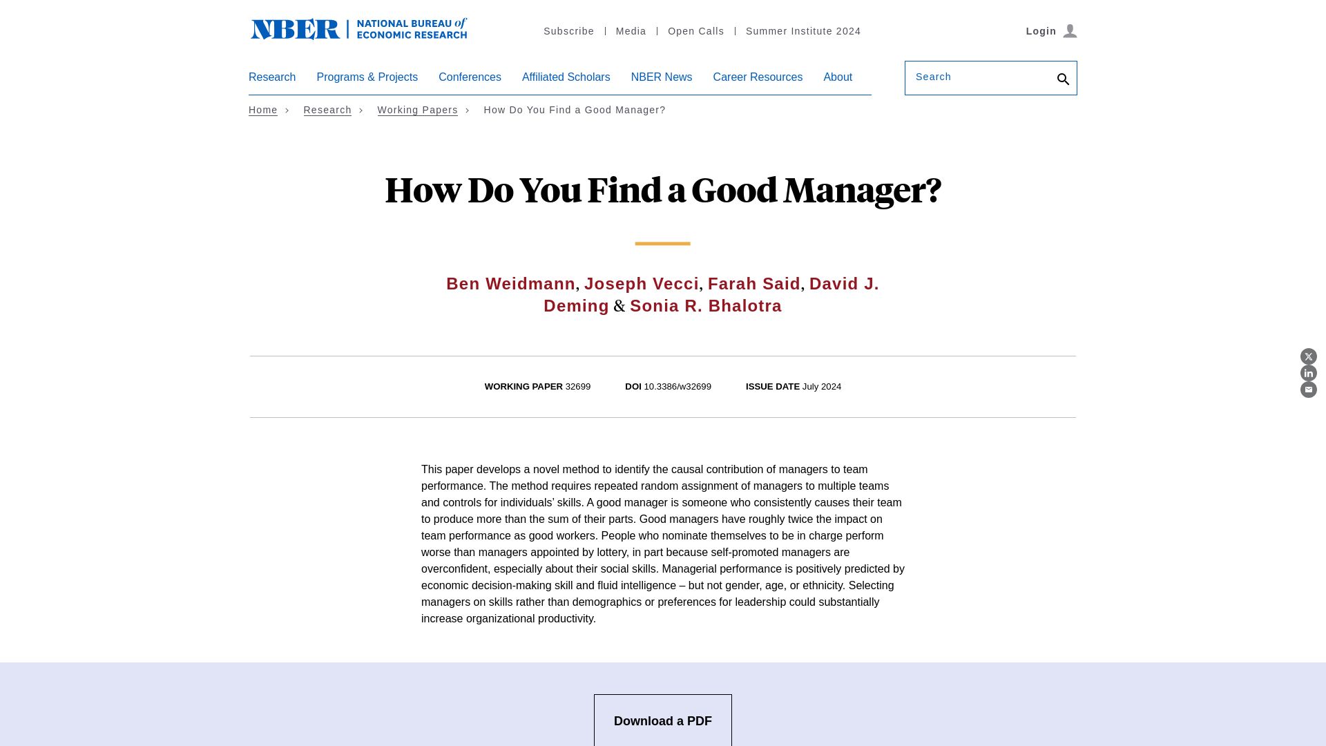 Screenshot of nber.org: How do you find a good manager?
