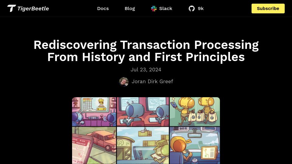 Screenshot of tigerbeetle.com: Rediscovering Transaction Processing from History and First Principles