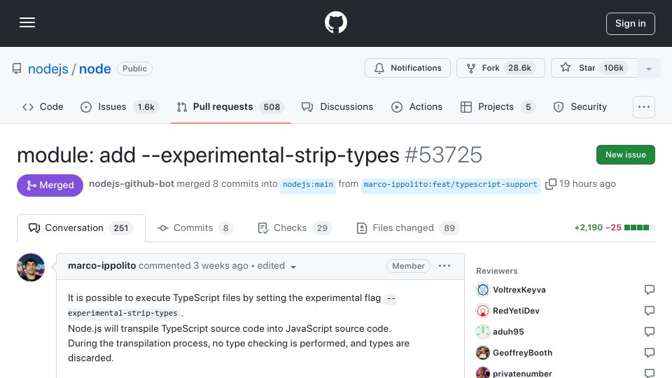 Screenshot of github.com: Node.js adds experimental support for TypeScript