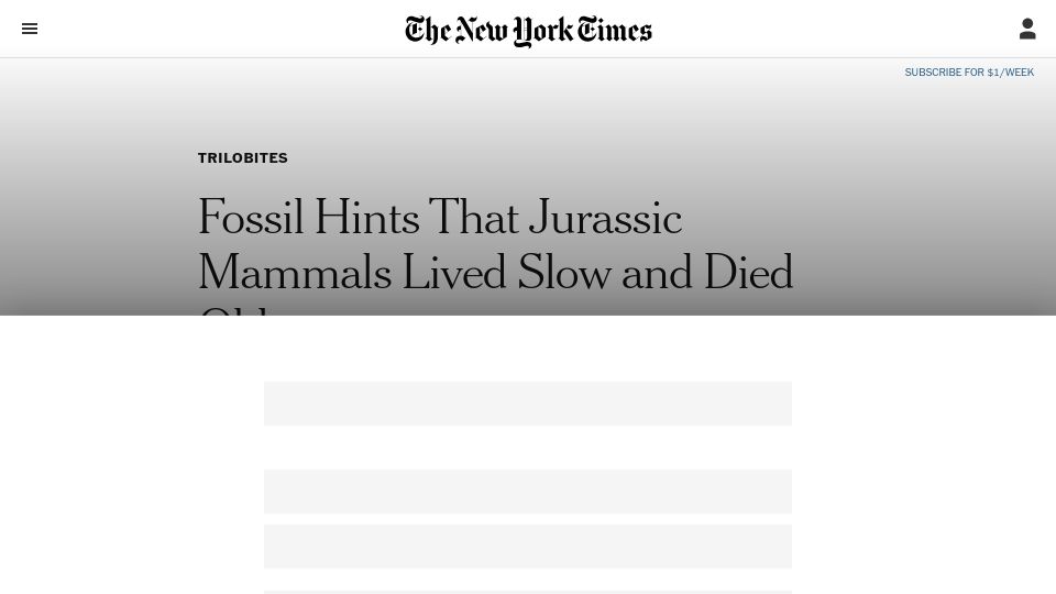 Screenshot of nytimes.com: Fossil hints that Jurassic mammals lived slow and died old