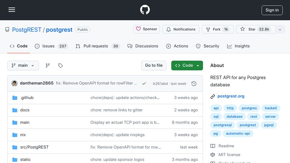 Screenshot of github.com: PostgREST – Serve a RESTful API from Any Postgres Database