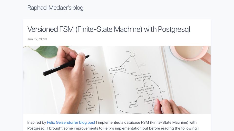 Screenshot of raphael.medaer.me: Versioned finite-state machines with Postgres (2019)
