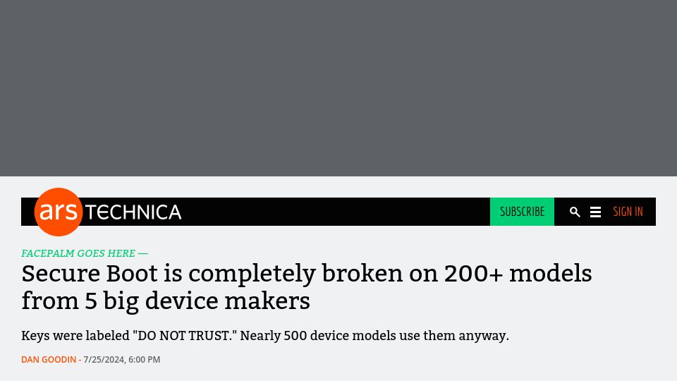 Screenshot of arstechnica.com: Secure Boot is broken on 200 models from 5 big device makers