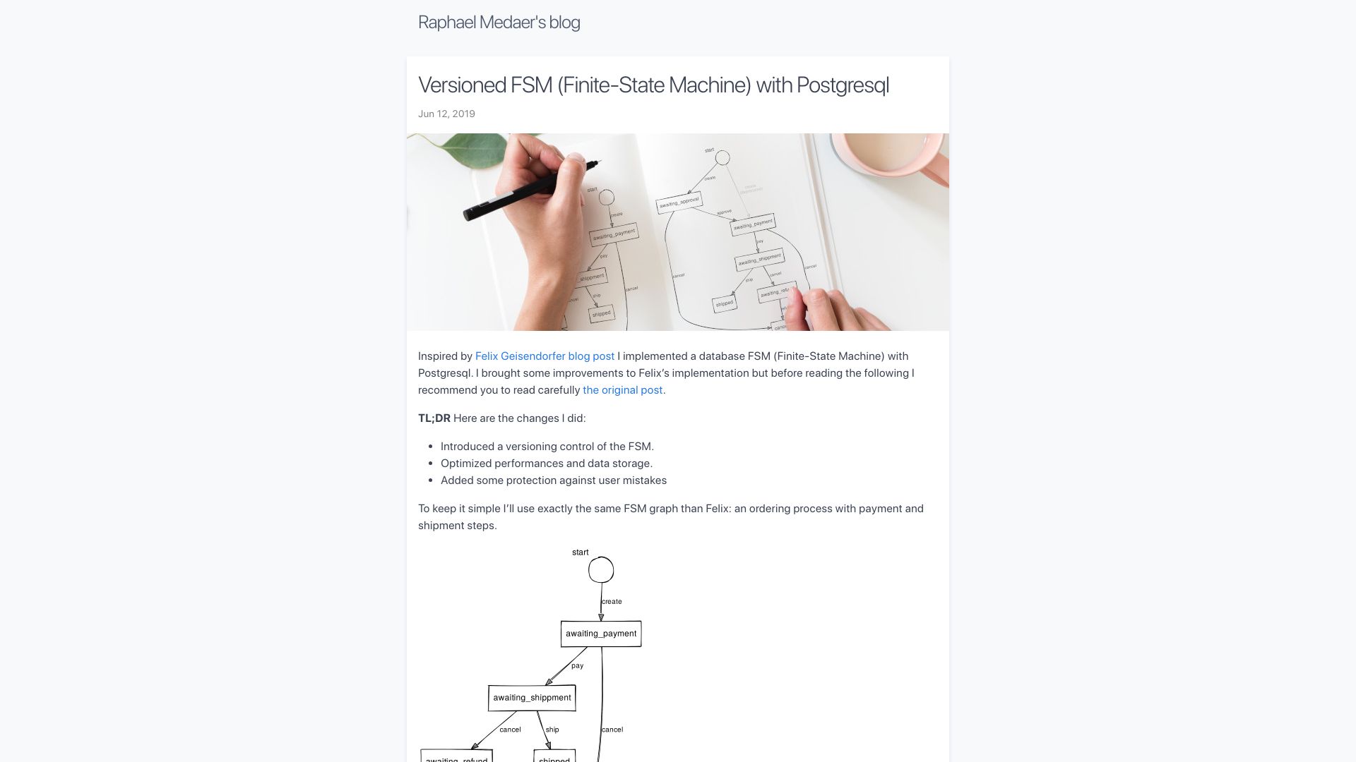 Screenshot of raphael.medaer.me: Versioned finite-state machines with Postgres (2019)