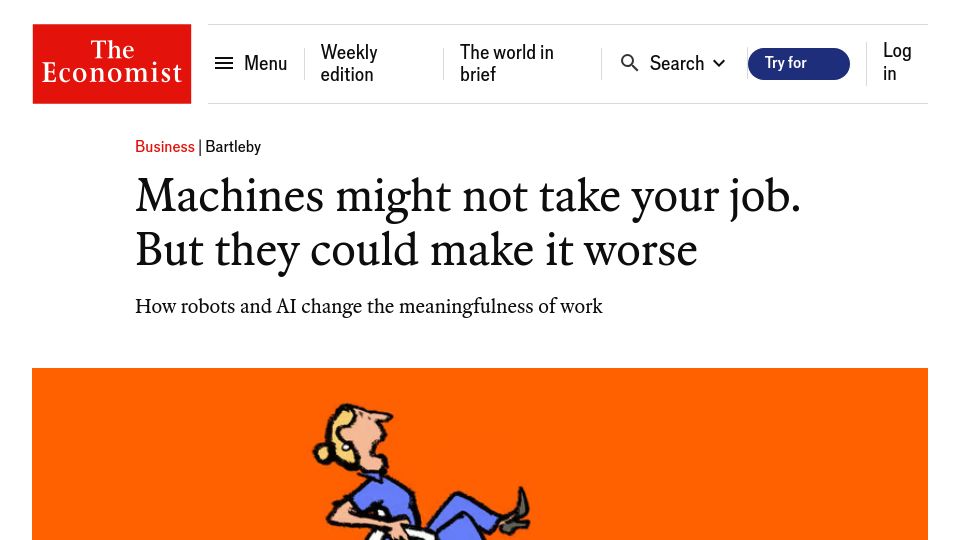 Screenshot of economist.com: Machines might not take your job. But they could make it worse