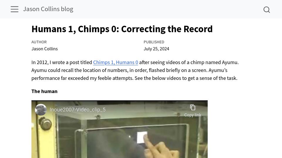 Screenshot of jasoncollins.blog: Humans 1, Chimps 0: Correcting the Record