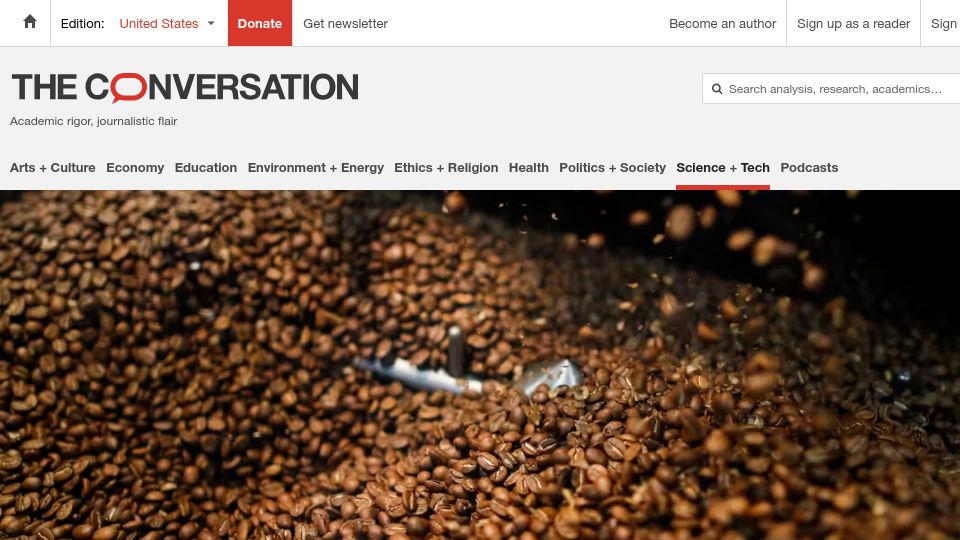 Screenshot of theconversation.com: A chemist explains the chemistry behind decaf coffee
