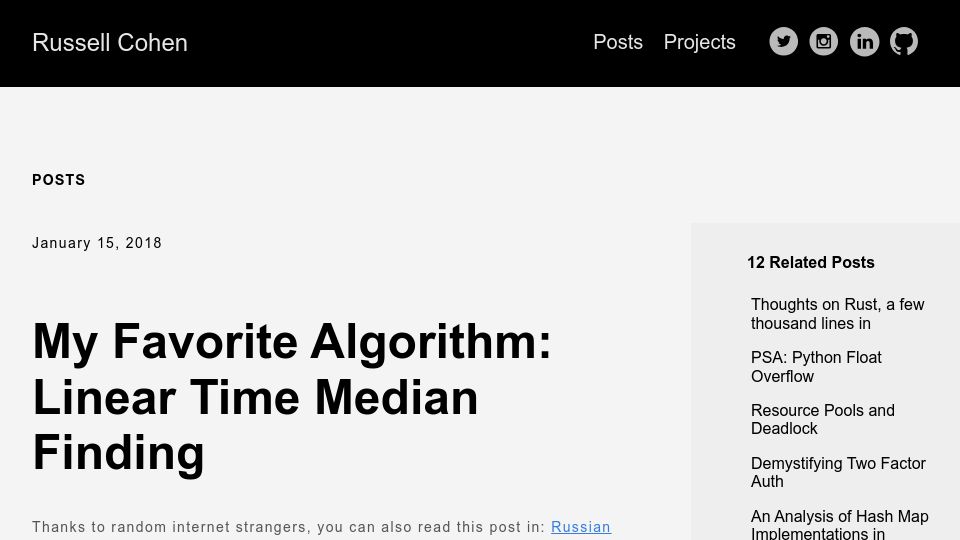 Screenshot of rcoh.me: My Favorite Algorithm: Linear Time Median Finding (2018)