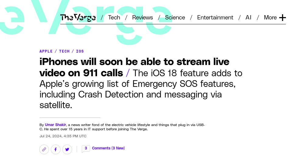 Screenshot of theverge.com: iPhones will soon be able to stream live video on 911 calls