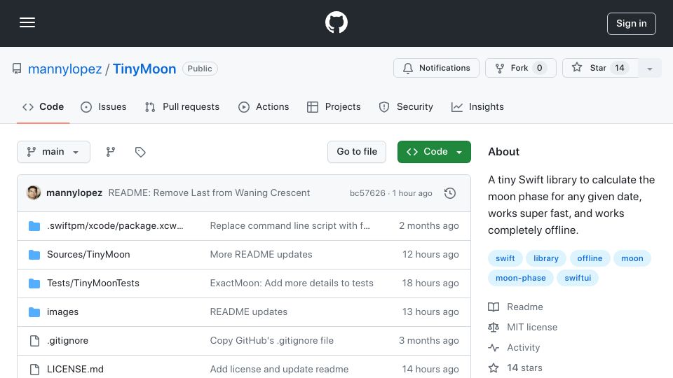 Screenshot of github.com: Show HN: Tiny Moon – Swift library to calculate the moon phase