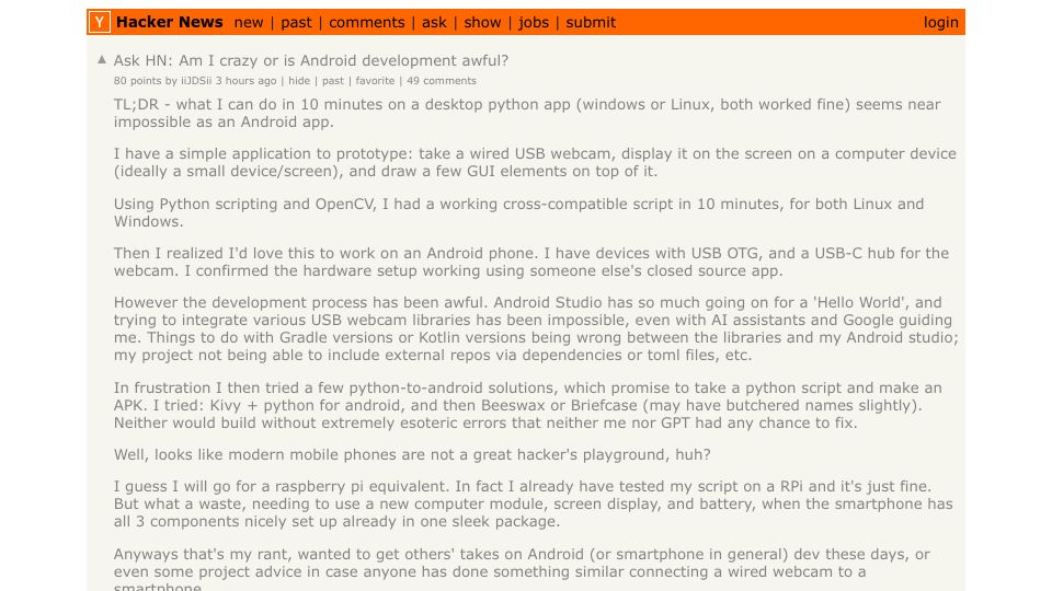 Screenshot of Hacker News post: Ask HN: Am I crazy or is Android development awful?