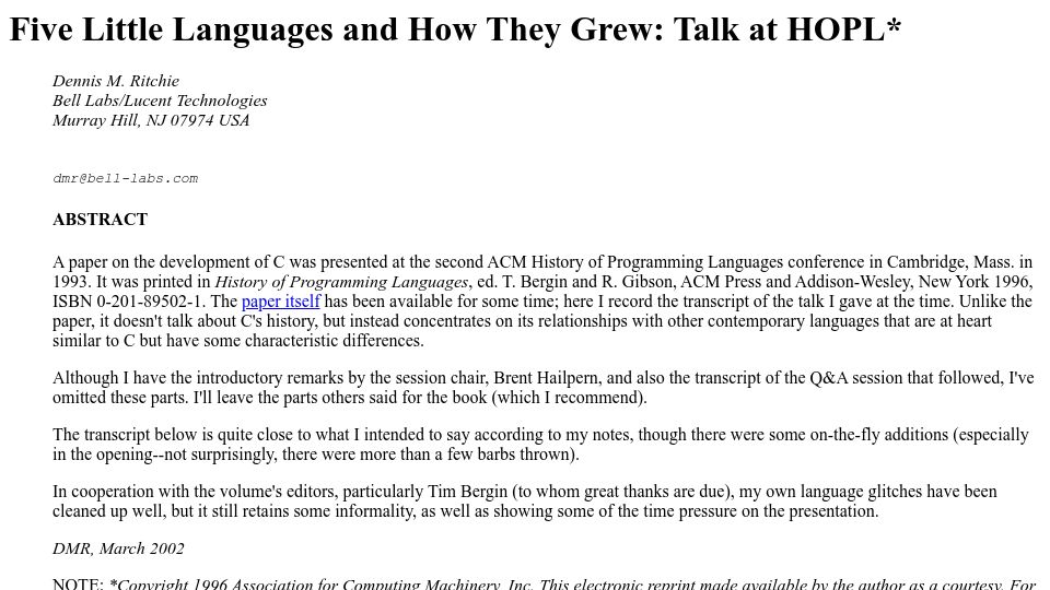 Screenshot of bell-labs.com: Five Little Languages and How They Grew: Talk at HOPL (1993)