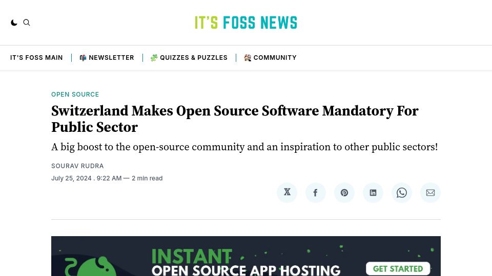 Screenshot of news.itsfoss.com: Switzerland Makes Open Source Software Mandatory for Public Sector
