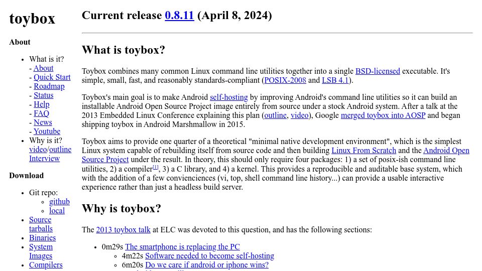 Screenshot of landley.net: What is Toybox?