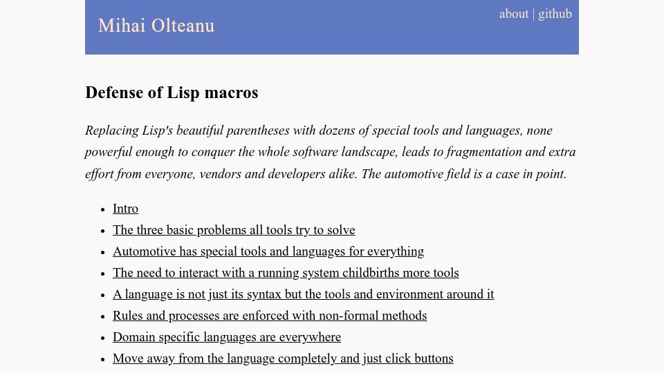 Screenshot of mihaiolteanu.me: Defense of Lisp macros: The automotive field as a case in point