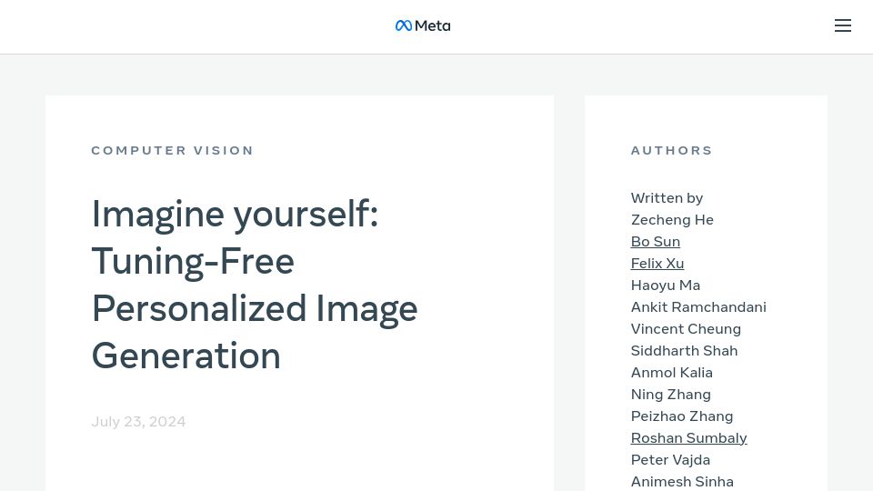 Screenshot of ai.meta.com: Tuning-Free Personalized Image Generation