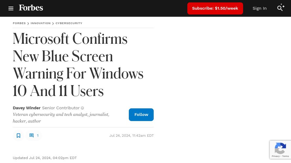 Screenshot of forbes.com: Microsoft Confirms New Blue Screen Warning for Windows 10 and 11 Users