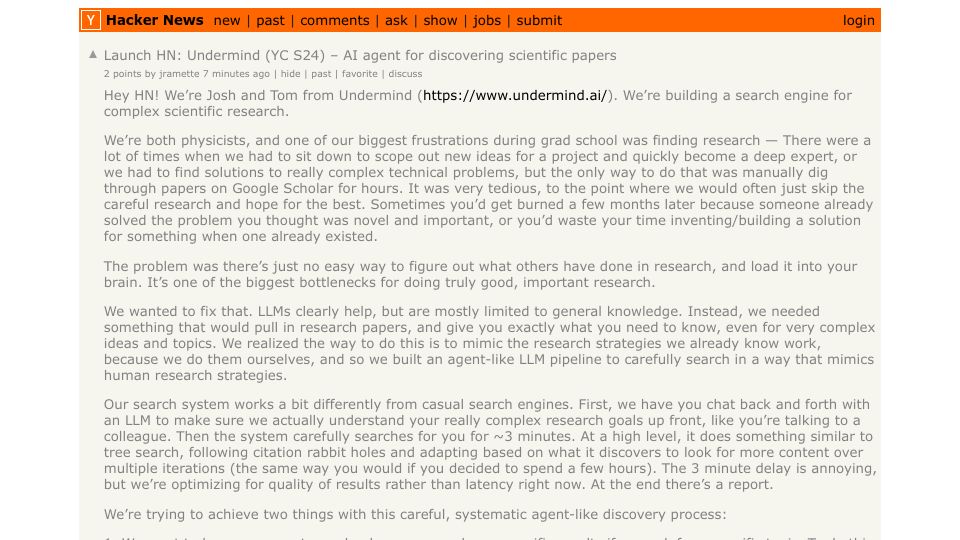 Screenshot of Hacker News post: Launch HN: Undermind (YC S24) – AI agent for discovering scientific papers