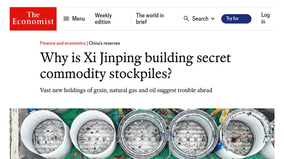 Screenshot of economist.com: Why is Xi Jinping building commodity stockpiles?