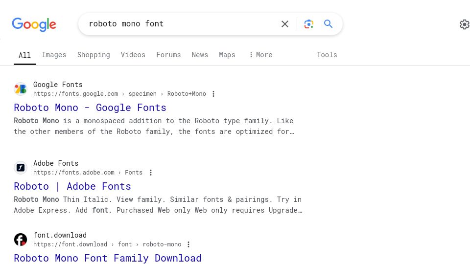 Screenshot of google.com: Google Search: Roboto Mono