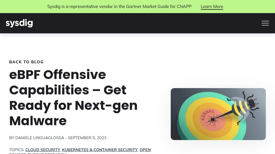 Screenshot of sysdig.com: eBPF Offensive Capabilities – Get Ready for Next-Gen Malware (2023)