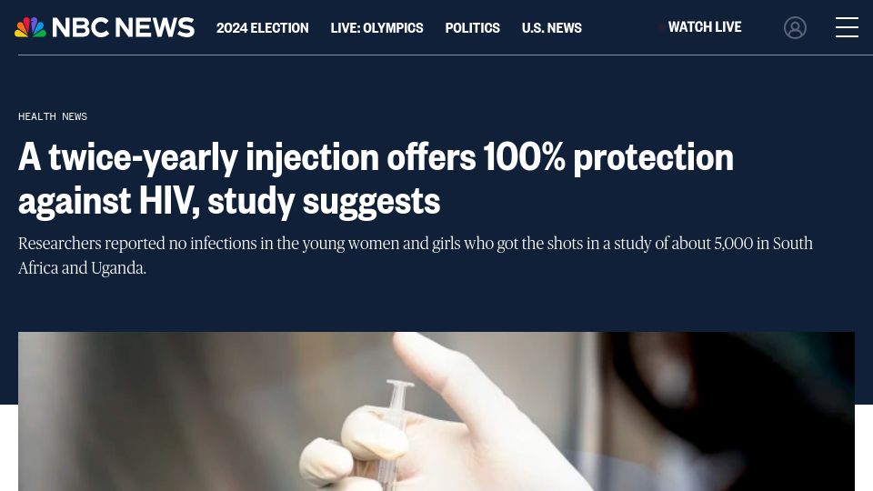 Screenshot of nbcnews.com: Twice-yearly injection offers 100% protection against HIV