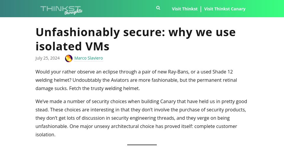 Screenshot of blog.thinkst.com: Unfashionably secure: why we use isolated VMs