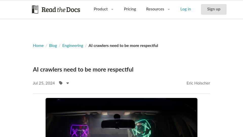 Screenshot of about.readthedocs.com: AI crawlers need to be more respectful