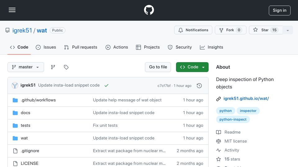 Screenshot of github.com: Show HN: Wat – Deep inspection of Python objects
