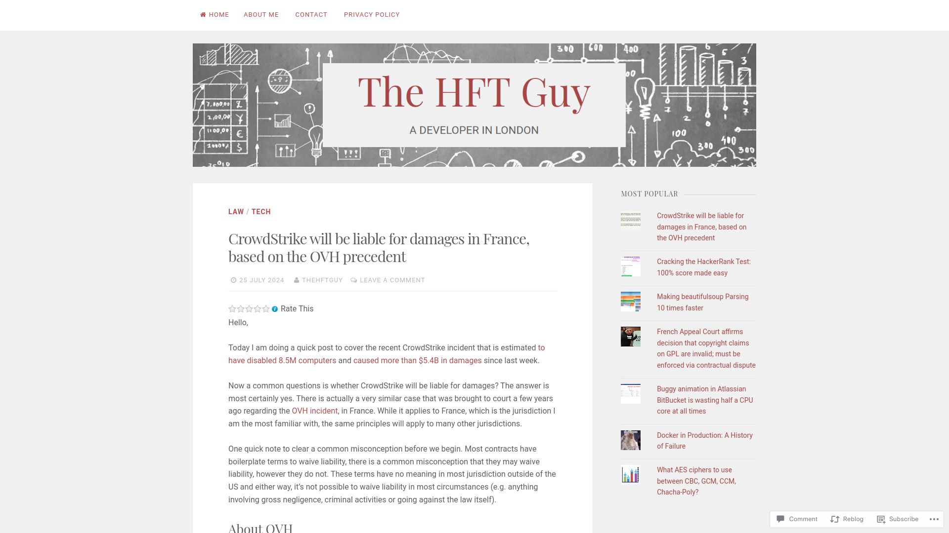 Screenshot of thehftguy.com: CrowdStrike will be liable for damages in France
