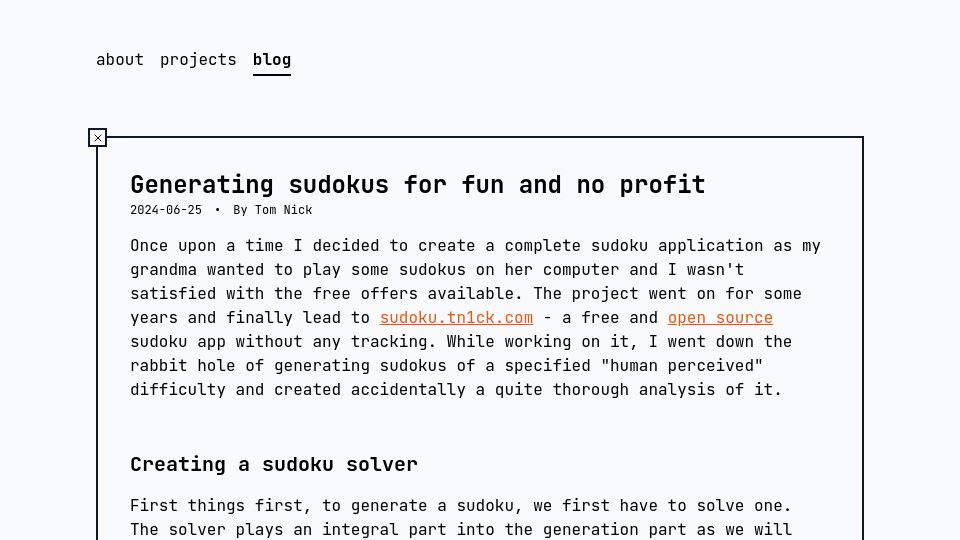 Screenshot of tn1ck.com: Generating sudokus for fun and no profit