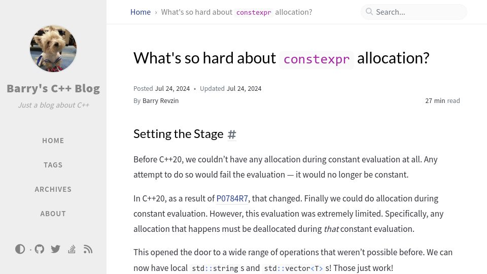 Screenshot of brevzin.github.io: What's so hard about constexpr allocation?