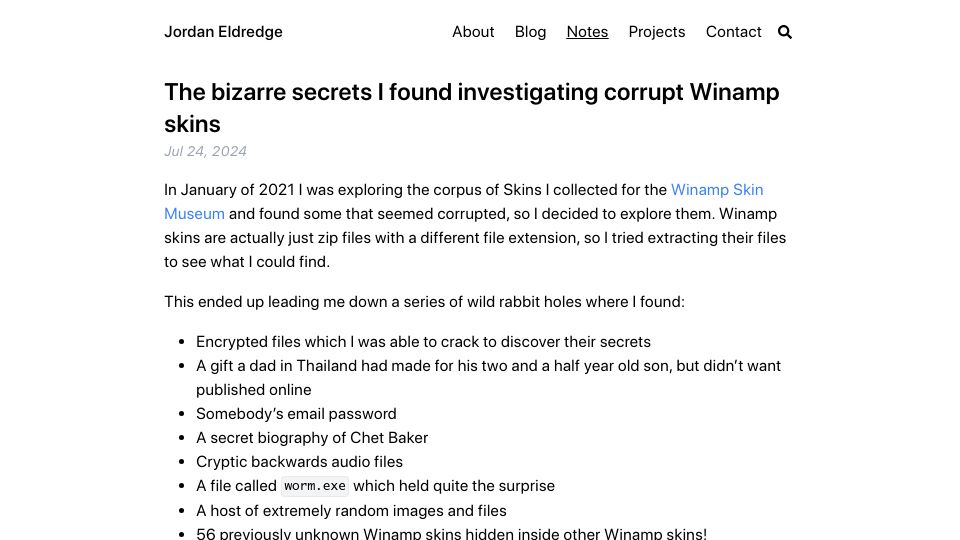 Screenshot of jordaneldredge.com: Investigating corrupt Winamp skins