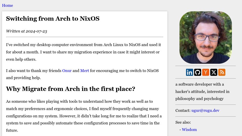 Screenshot of rugu.dev: Switching from Arch to NixOS