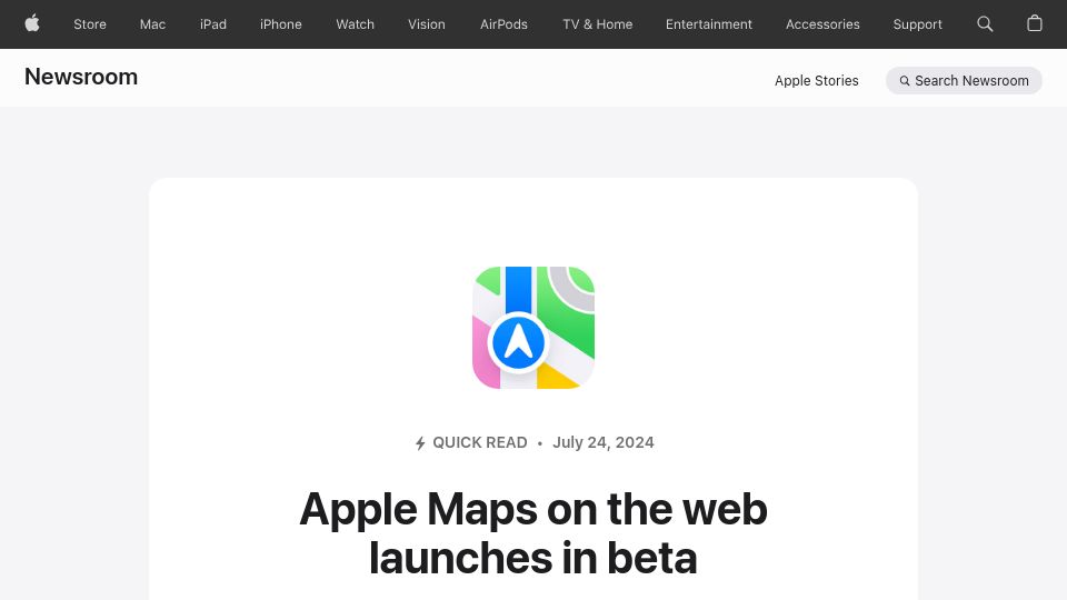Screenshot of apple.com: Apple Maps on the web launches in beta