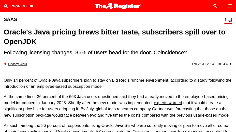 Screenshot of theregister.com: Oracle's Java pricing brews bitter taste, subscribers spill over to OpenJDK
