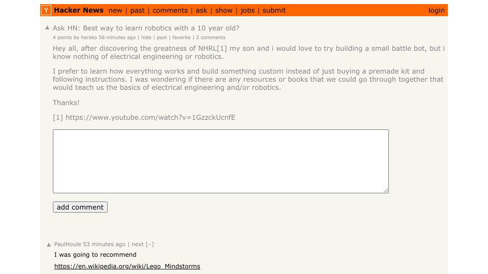 Screenshot of Hacker News post: Ask HN: Best way to learn robotics with a 10 year old?