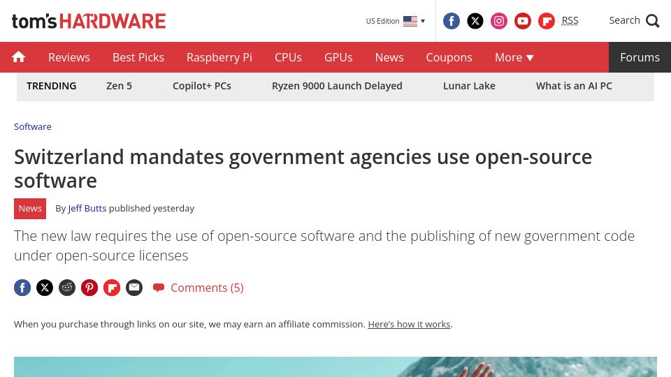 Screenshot of tomshardware.com: Switzerland mandates government agencies use open-source software