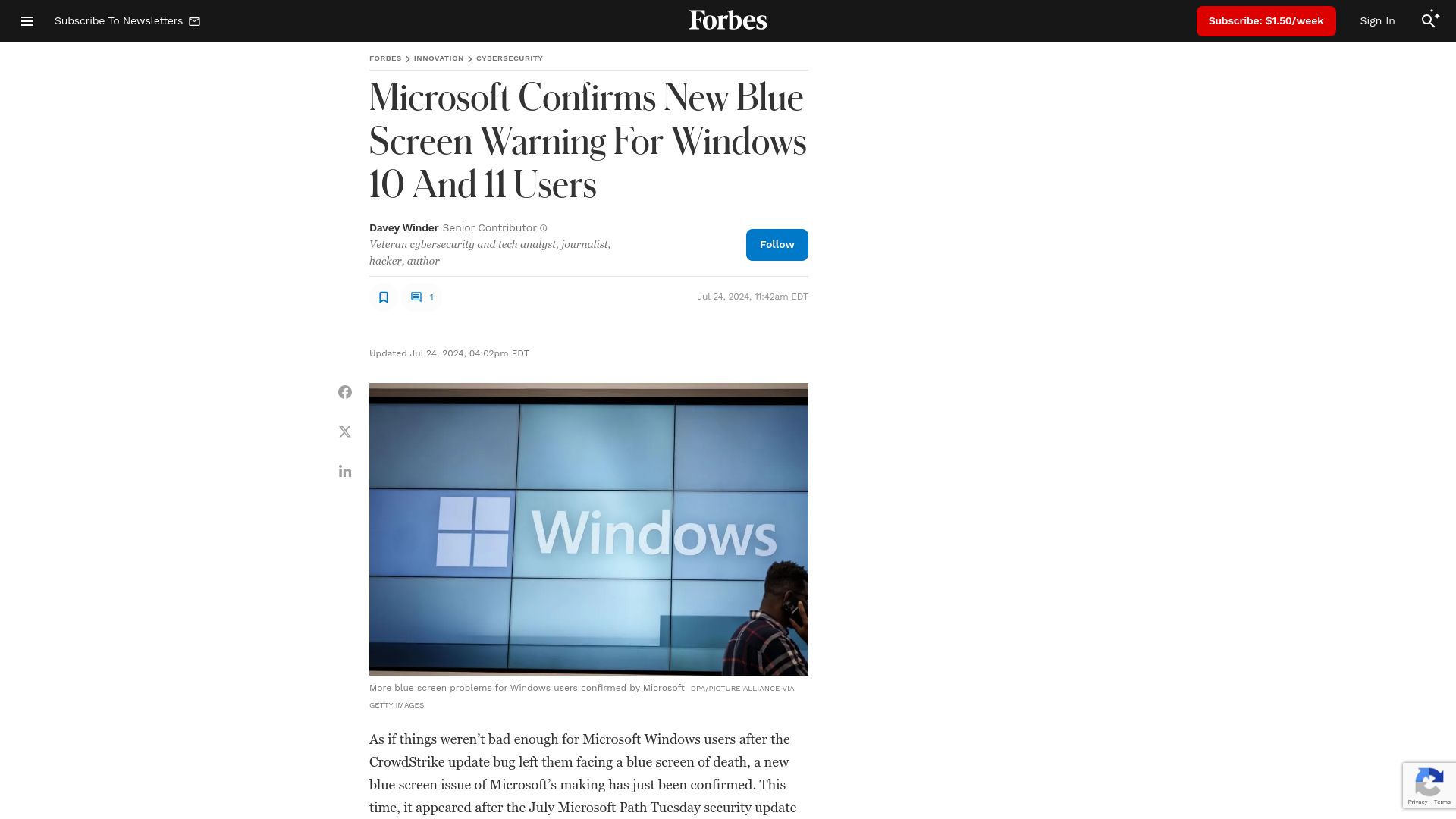 Screenshot of forbes.com: Microsoft Confirms New Blue Screen Warning for Windows 10 and 11 Users