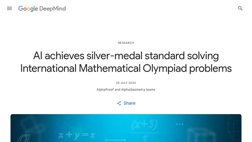 Screenshot of deepmind.google: AI solves International Math Olympiad problems at silver medal level