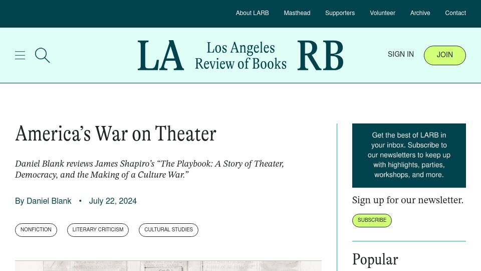 Screenshot of lareviewofbooks.org: America's War on Theater