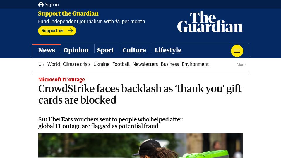 Screenshot of theguardian.com: CrowdStrike faces backlash as 'thank you' gift cards are blocked