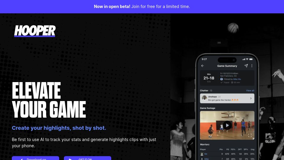 Screenshot of hooper.gg: Show HN: Hooper – AI-driven stats and highlights for basketball play