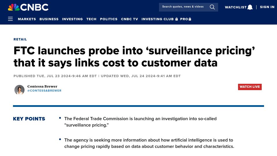 Screenshot of cnbc.com: FTC launches probe into 'surveillance pricing'