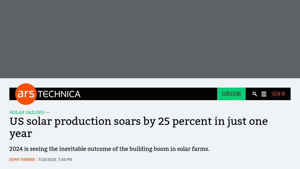 Screenshot of arstechnica.com: US solar production soars by 25 percent in just one year