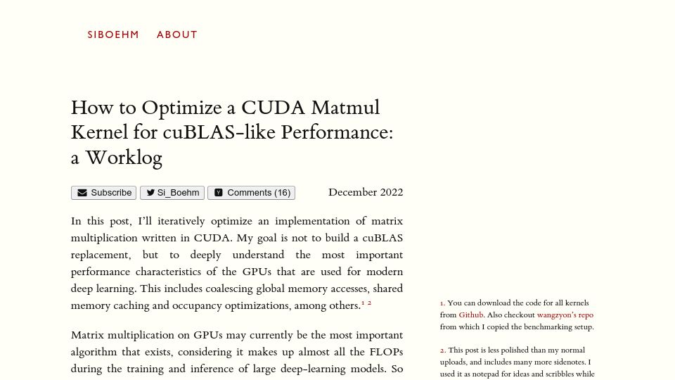 Screenshot of siboehm.com: How to optimize a CUDA matmul kernel for cuBLAS-like performance (2022)